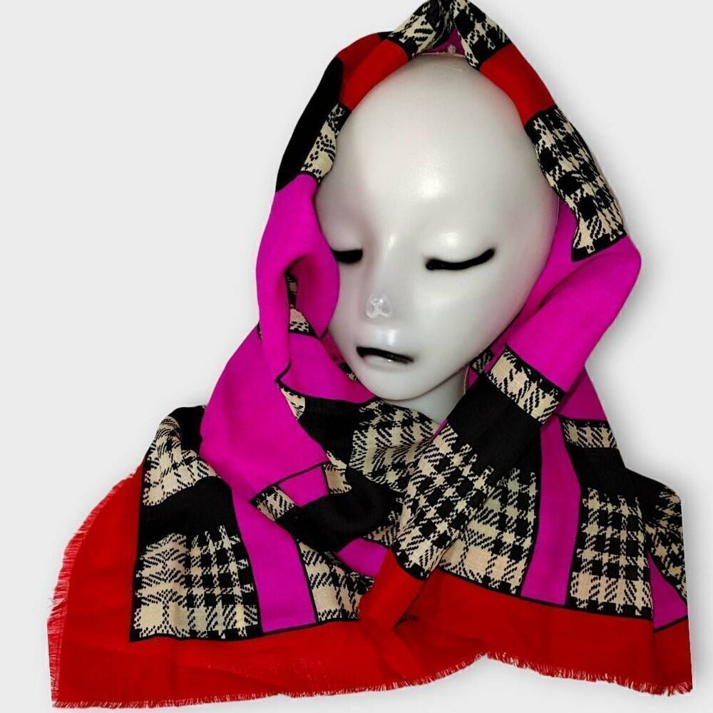 Adrienne Vittadini Scarf 34" Square Red Pink Black Wrap Lagenlook Granny Resort